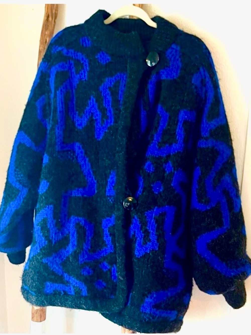 Cozy Vintage Black Grey and Cobalt Blue Warm Knit Jacket Coat Large XL 1XL